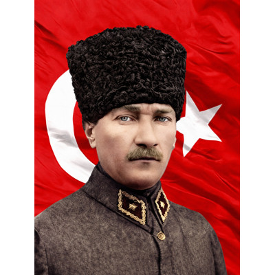 Atatürk Kalpaklı Portre Türk Bayraklı Kanvas Tablo