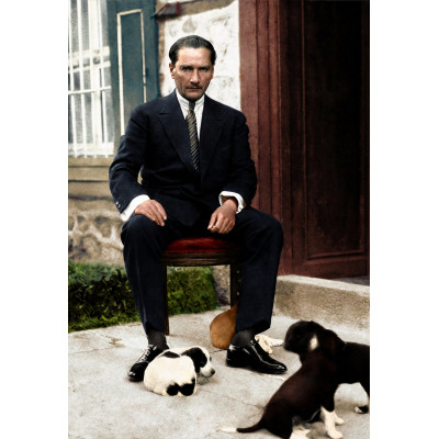 Atatürk Köpekleriyle Bahçede Renkli Kanvas Tablo