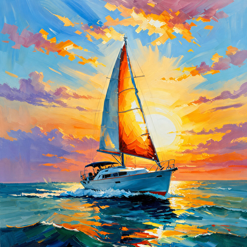 Gün Batımında Yelkenli Tekne Yağlı Boya Görünümlü Kanvas Tablo