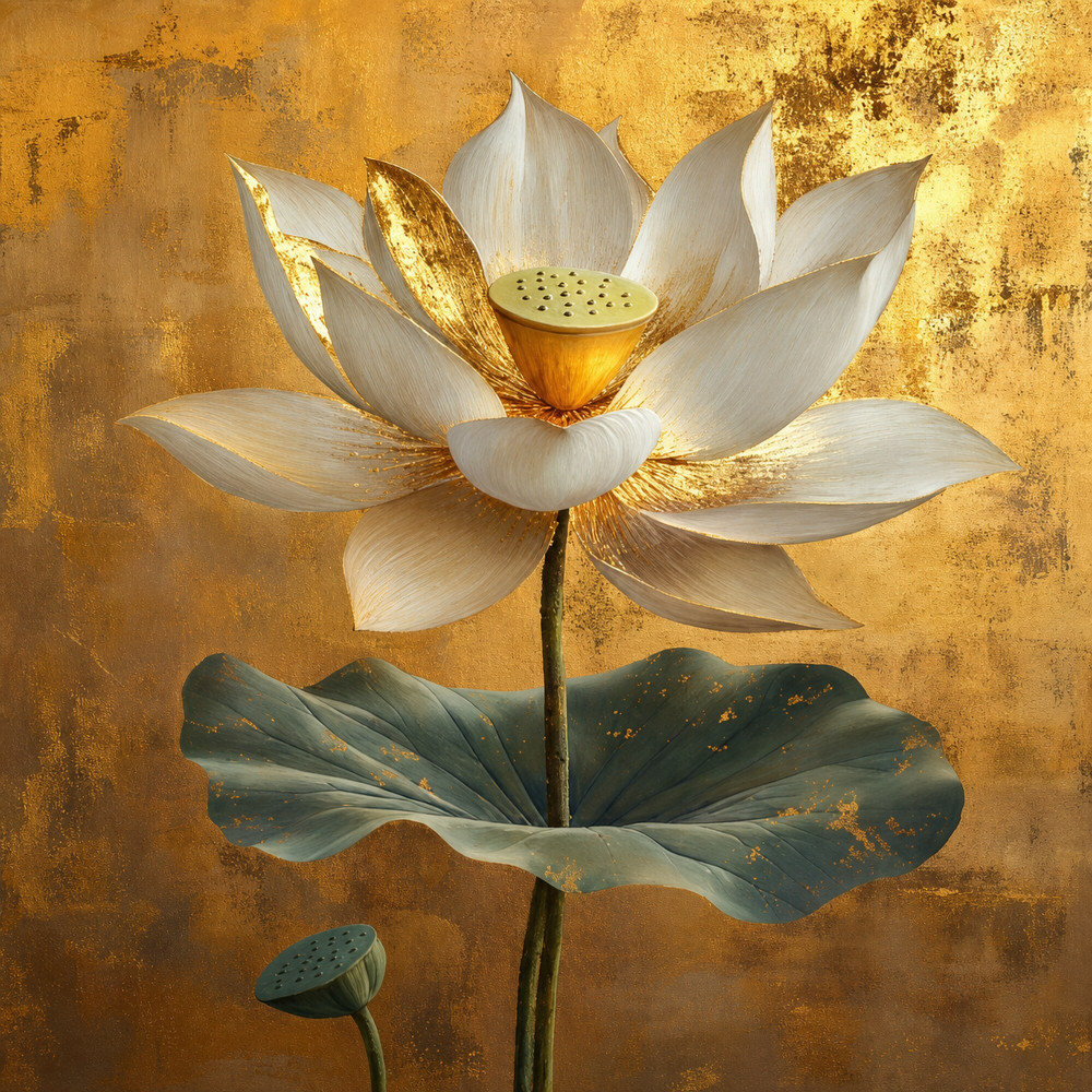 Altın Zeminli Beyaz Lotus Çiçeği Kanvas Tablo
