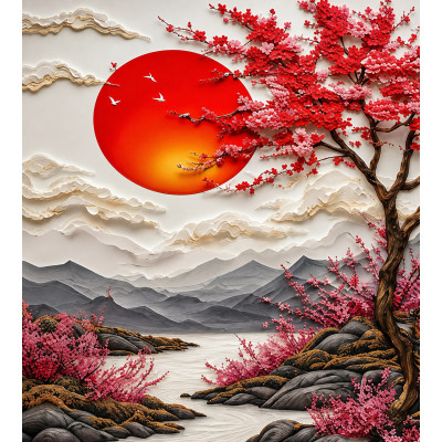 Kızıl Güneş ve Sakura Ağacı Japon Manzara Kanvas Tablo