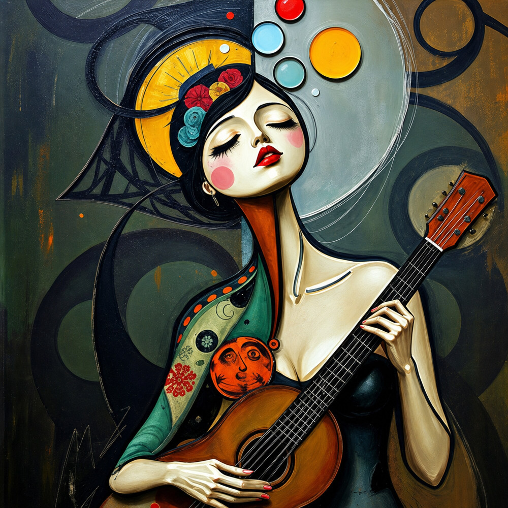 Gitar Çalan Kadın Renkli Modern Kanvas Tablo Gitar Çalan Kadın Renkli Modern Kanvas Tablo