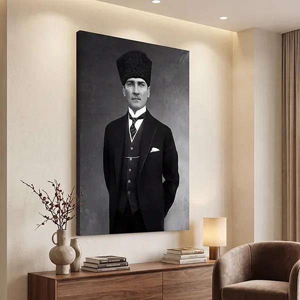 Atatürk Kalpaklı Siyah Beyaz Portre Kanvas Tablo — görsel 2