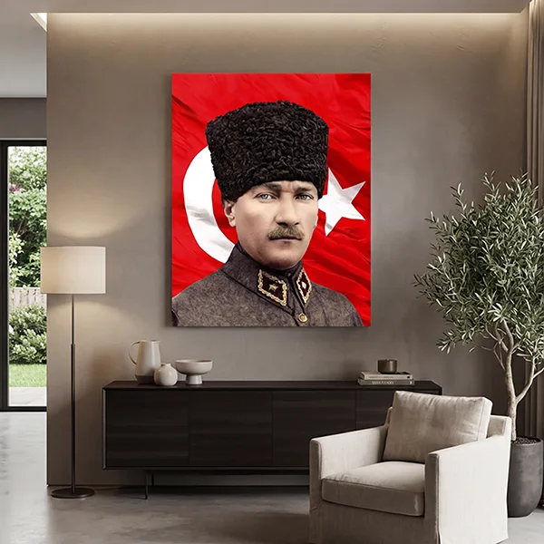 Atatürk Kalpaklı Portre Türk Bayraklı Kanvas Tablo — görsel 2