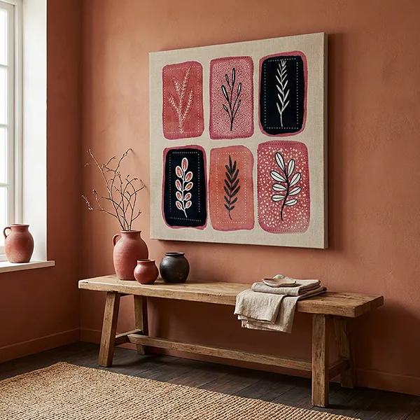 Pembe Zeminde Altı Bölmeli Yaprak Deseni Kanvas Tablo — görsel 2