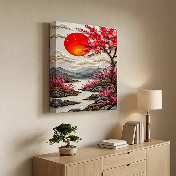 Kızıl Güneş ve Sakura Ağacı Japon Manzara Kanvas Tablo — görsel 2