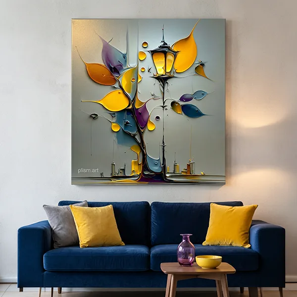 Sarı Yapraklı Ağaç ve Sokak Lambası Modern Kanvas Tablo — görsel 2