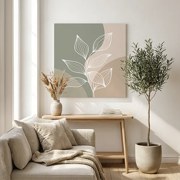Minimalist Çizgi Yaprak Desenli Kanvas Tablo — görsel 2