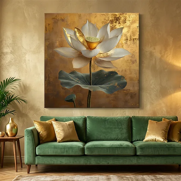 Altın Zeminli Beyaz Lotus Çiçeği Kanvas Tablo — görsel 2