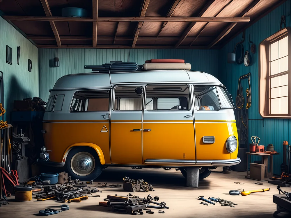 Atölyede Sarı Retro Minibüs Kanvas Tablo