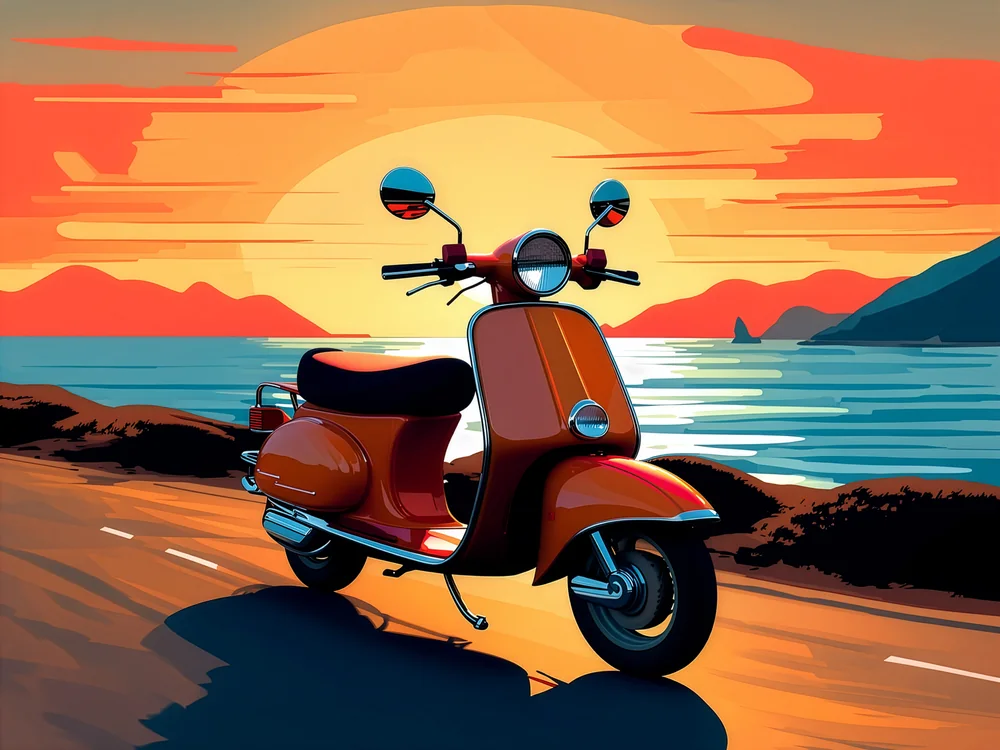 Canlı Renkli Sahil Yolunda Scooter Kanvas Tablo