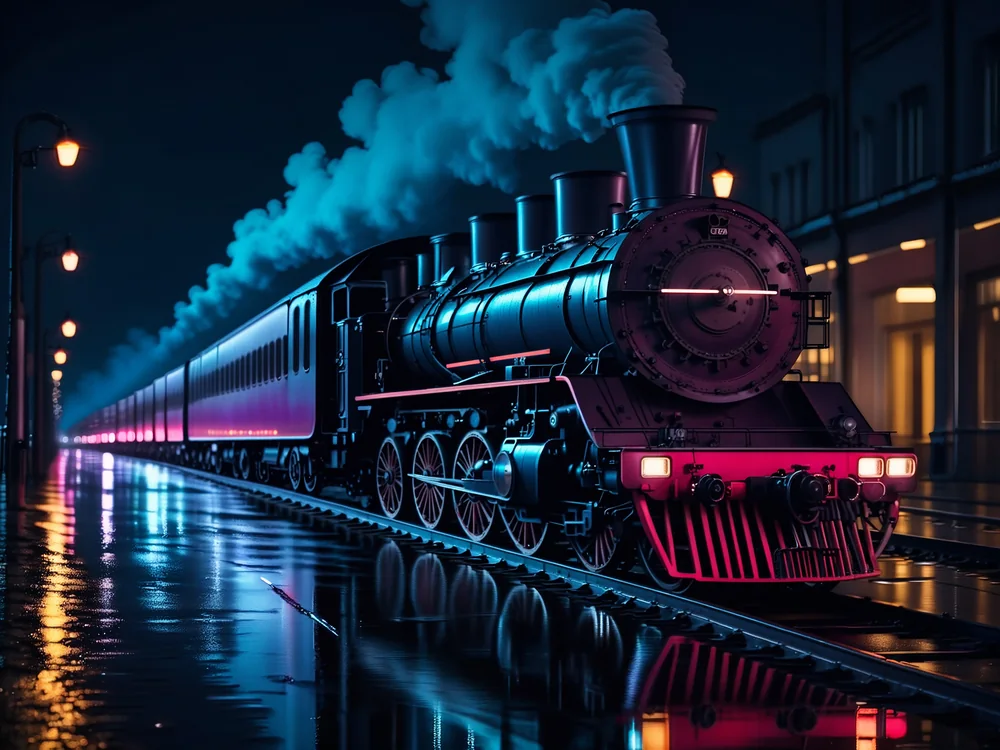 Canlı Renkli Yağmurlu Şehirde Buharlı Tren Kanvas Tablo