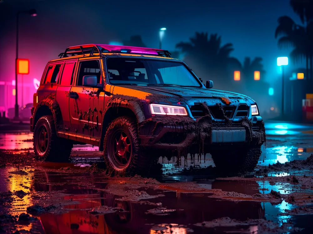 Canlı Renkli Yağmurlu Şehirde Off Road Cip Kanvas Tablo