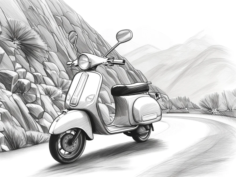 Karakalem Dağ Yolunda Scooter Kanvas Tablo