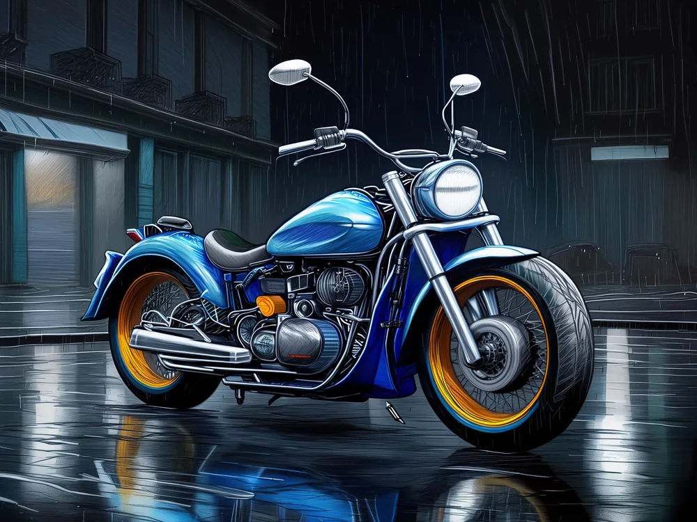 Karakalem Yağmurlu Şehirde Chopper Motosiklet Kanvas Tablo