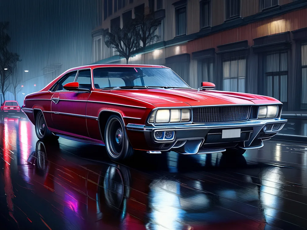 Karakalem Yağmurlu Şehirde Muscle Car Kanvas Tablo