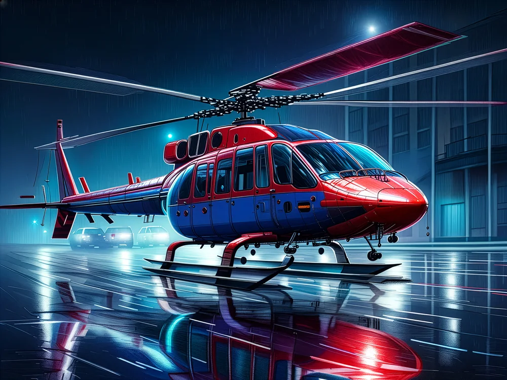 Neon Işıklı Gecede Helikopter Kanvas Tablo