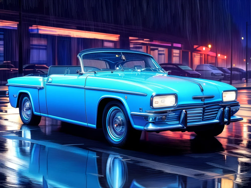 Neon Işıklı Gecede Mavi Klasik Cabrio Kanvas Tablo