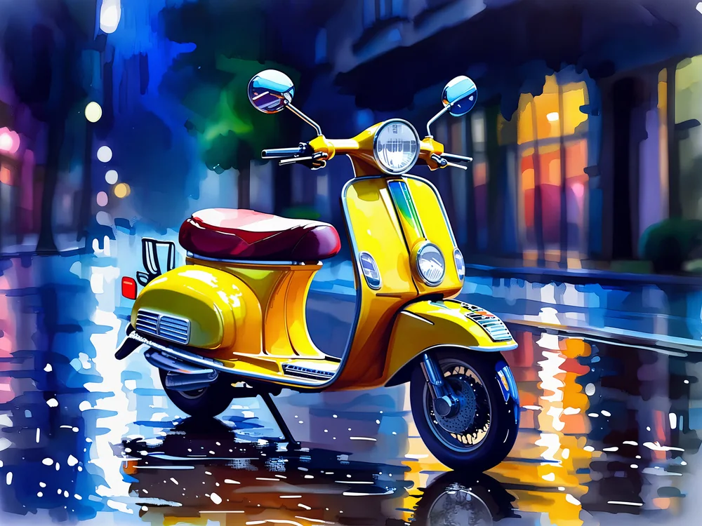 Neon Işıklı Yağmurlu Şehirde Scooter Kanvas Tablo