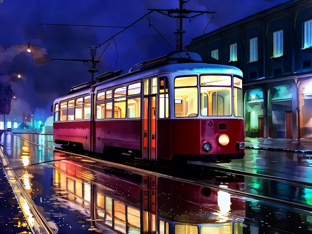 Neon Işıklı Yağmurlu Şehirde Tramvay Kanvas Tablo