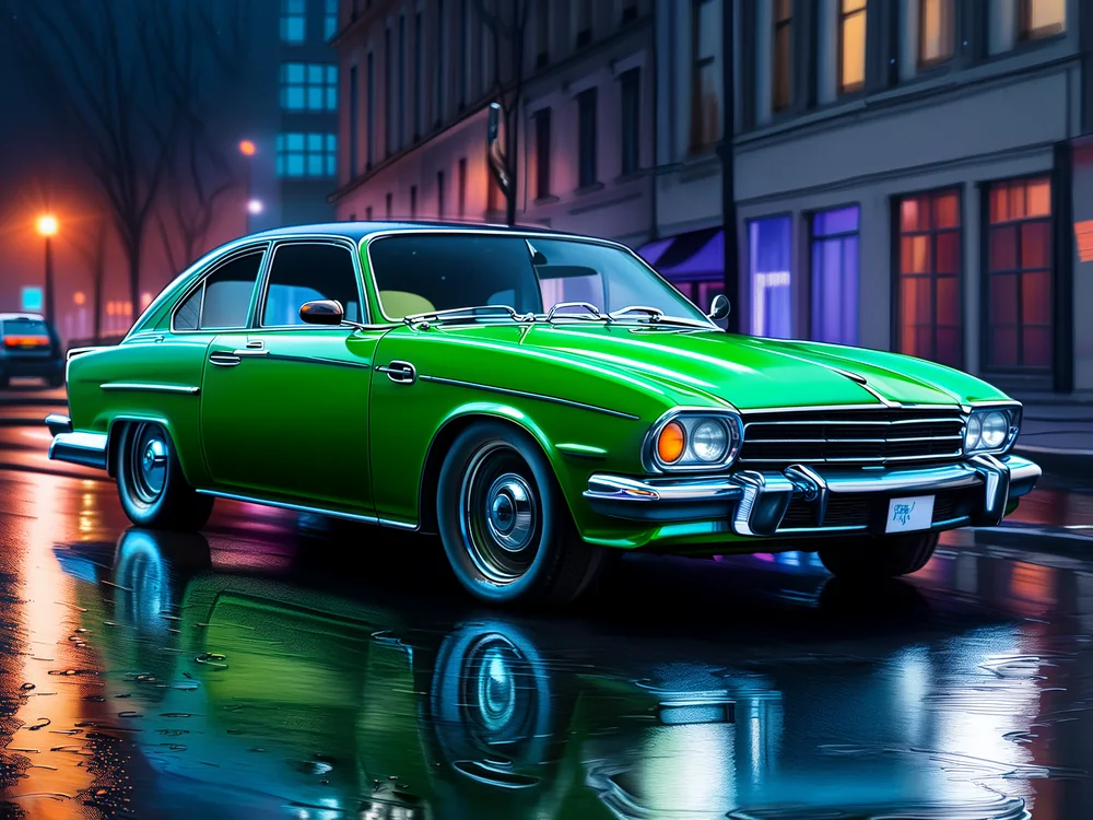 Neon Yağmurlu Şehirde Yeşil Klasik Coupe Kanvas Tablo