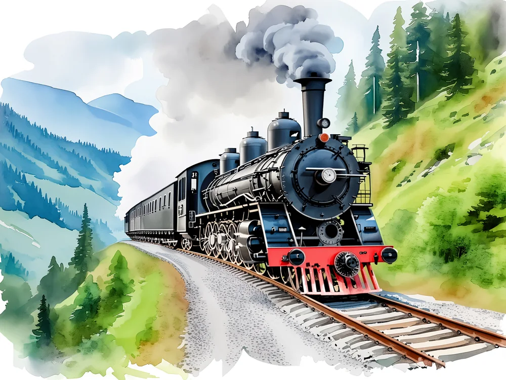 Suluboya Dağ Yolunda Buharlı Tren Kanvas Tablo