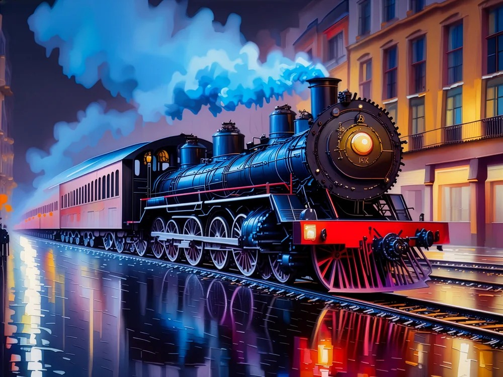 Yağmurlu Şehirde Buharlı Tren Kanvas Tablo