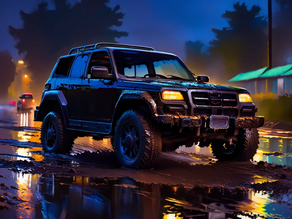 Yağmurlu Şehirde Off Road Cip Kanvas Tablo
