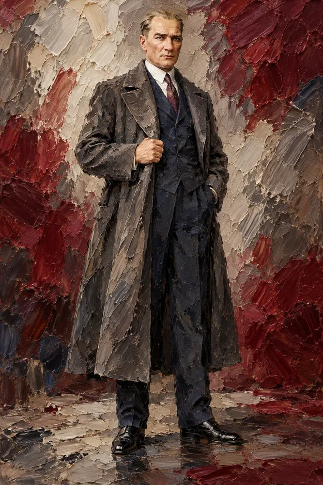 Atatürk Açık Renk Paltolu Bordo Zeminde Kalın Fırça Kanvas Tablo