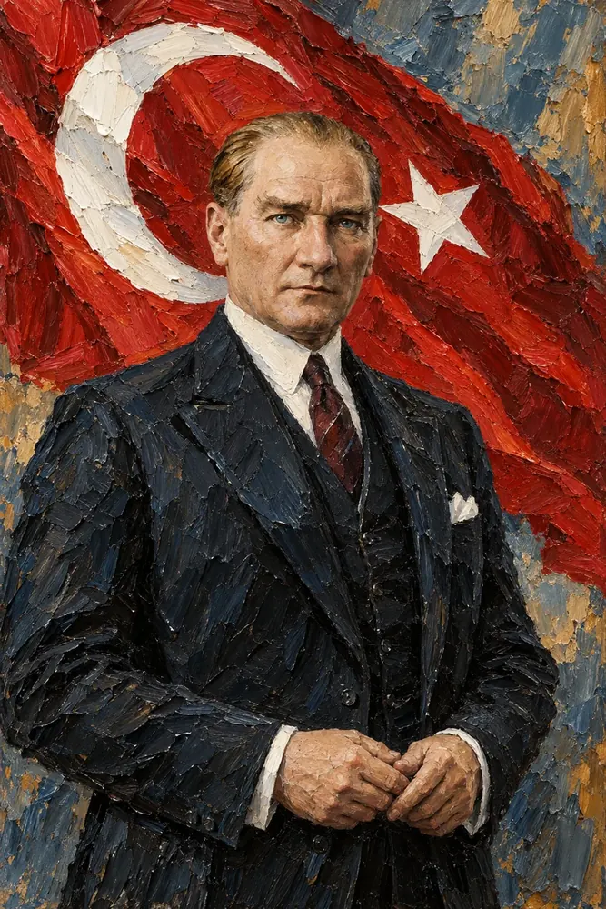 Atatürk Al Bayrak Önünde Elleri Kavuşmuş Kanvas Tablo