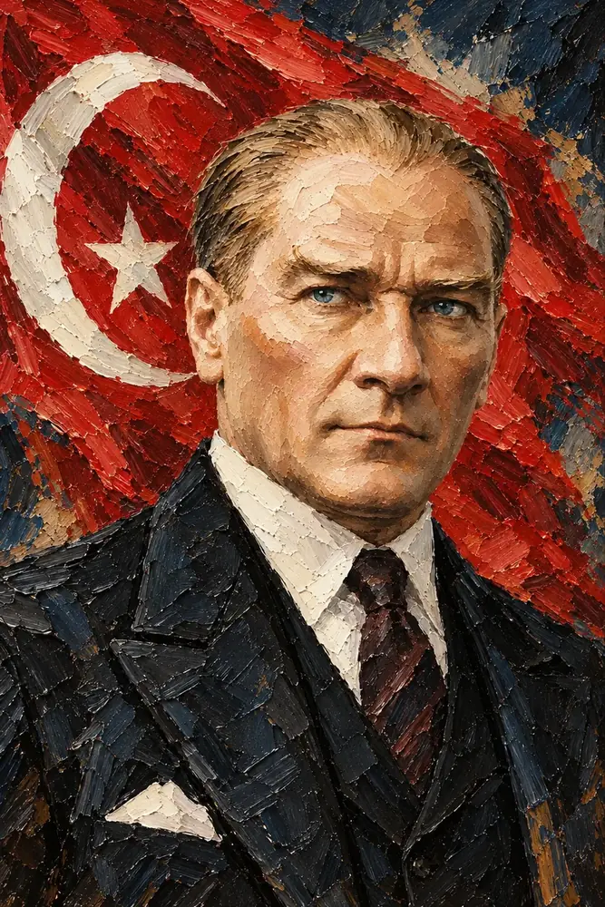 Atatürk Ay Yıldızlı Bayrak Önünde Kalın Fırça Portre Kanvas Tablo