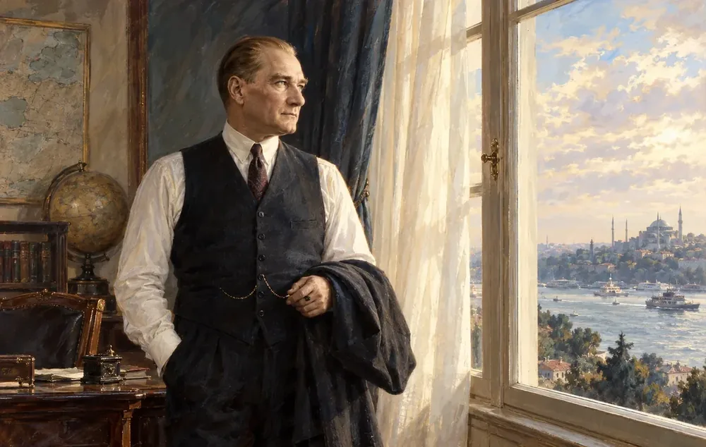 Atatürk Aydınlık Pencere Önünde İstanbul Manzarası Kanvas Tablo