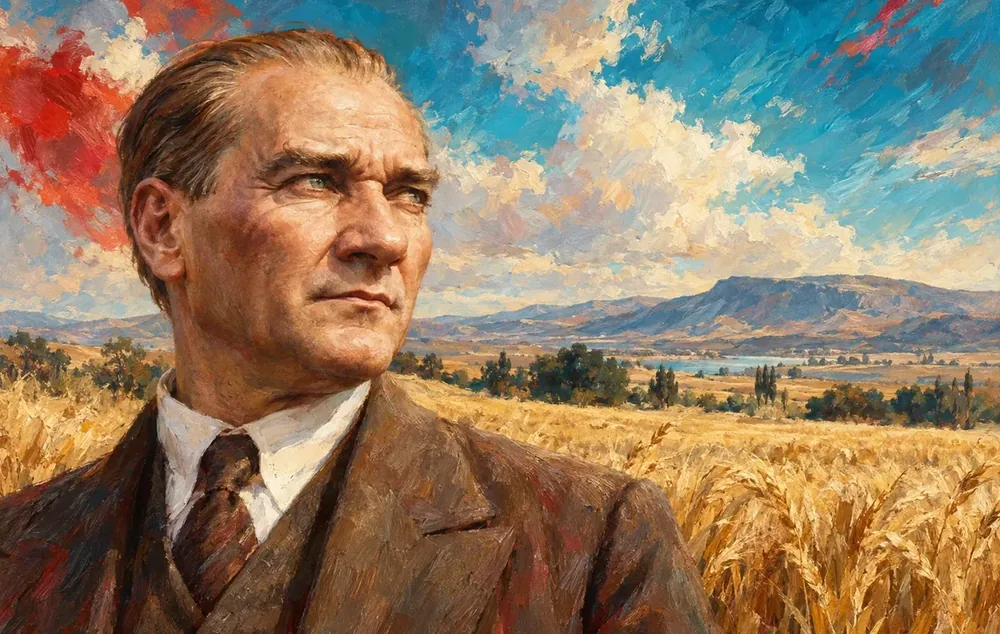 Atatürk Başak Tarlası Önünde Yakın Portre Kanvas Tablo