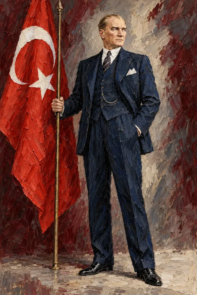 Atatürk Bayrak Direği Yanında Lacivert Takım Kanvas Tablo