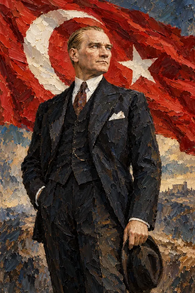 Atatürk Bayrak Önünde Şapkası Elinde Kanvas Tablo