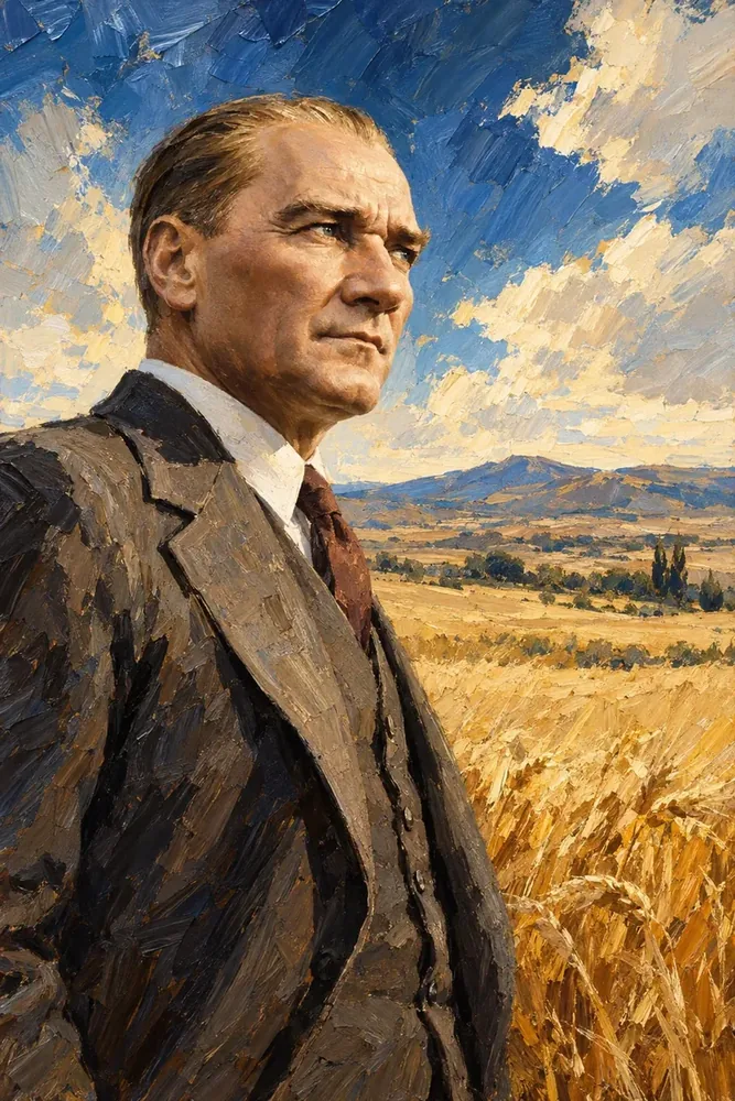 Atatürk Buğday Tarlasında Dikey Portre Kanvas Tablo