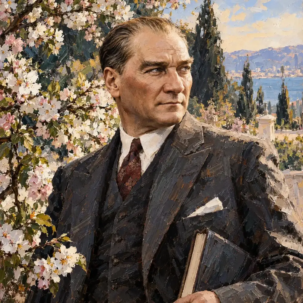 Atatürk Çiçekli Bahçede Kitaplı Portre Kanvas Tablo