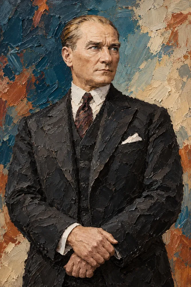 Atatürk Elleri Kavuşmuş Kalın Fırça Portre Kanvas Tablo