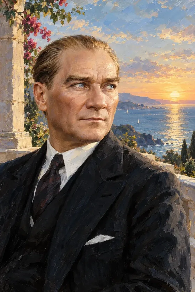 Atatürk Gün Batımında Deniz Manzaralı Portre Kanvas Tablo