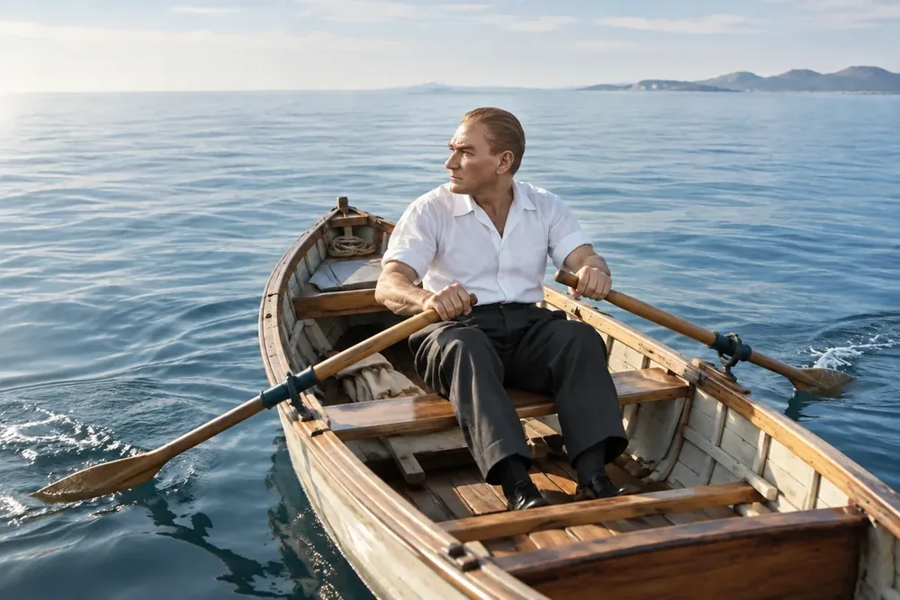 Atatürk Kayıkta Kürek Çekerken Kanvas Tablo