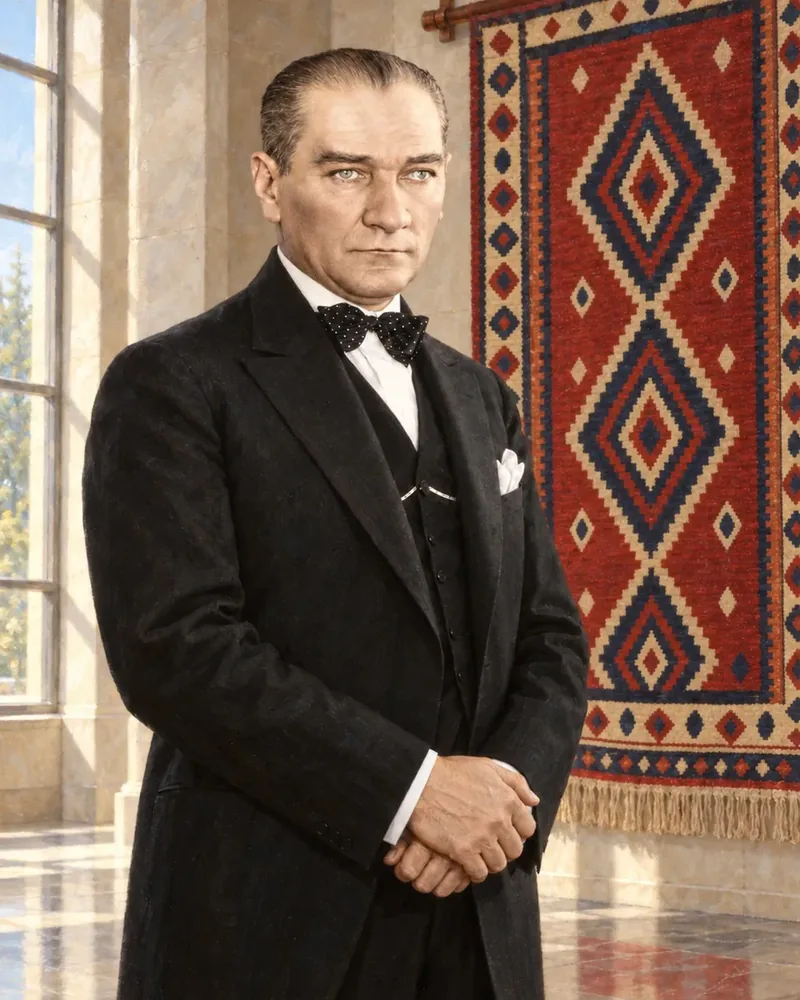 Atatürk Kilim Önünde Smokinli Portre Kanvas Tablo