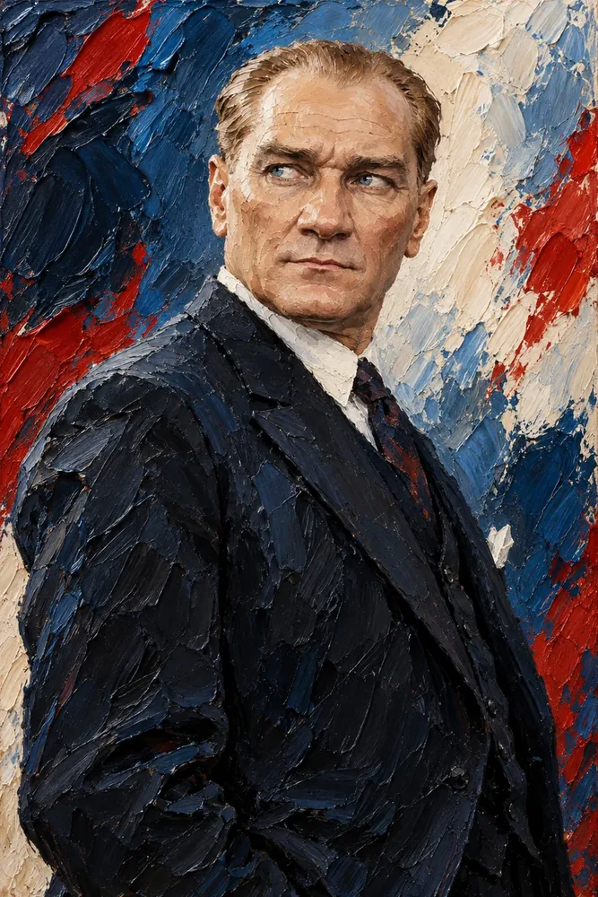Atatürk Kırmızı Beyaz Lacivert Kalın Fırça Portre Kanvas Tablo