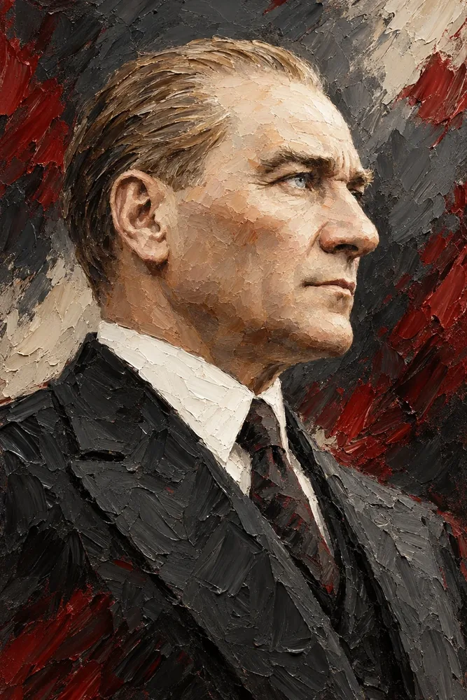 Atatürk Kırmızı Gri Kalın Fırça Portre Kanvas Tablo