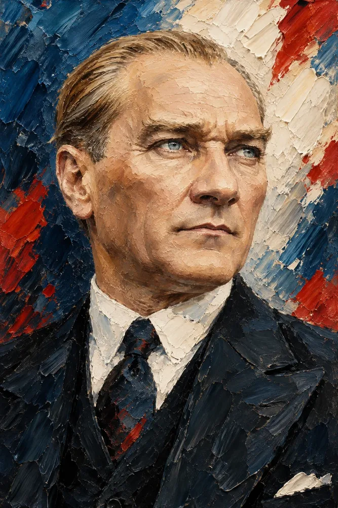Atatürk Kırmızı Lacivert Kalın Fırça Yakın Portre Kanvas Tablo