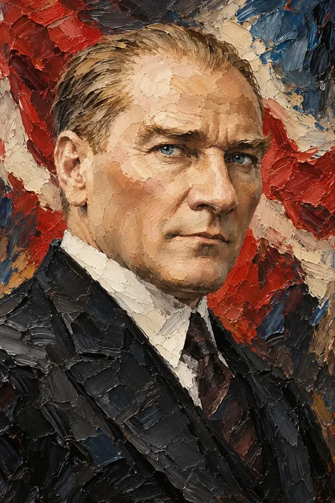 Atatürk Kırmızı Zeminde Kalın Boya Yakın Portre Kanvas Tablo