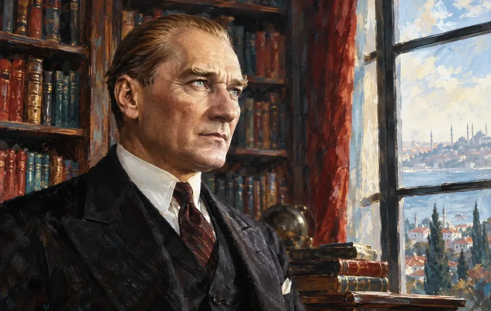 Atatürk Kitaplıkta İstanbul Manzaralı Portre Kanvas Tablo