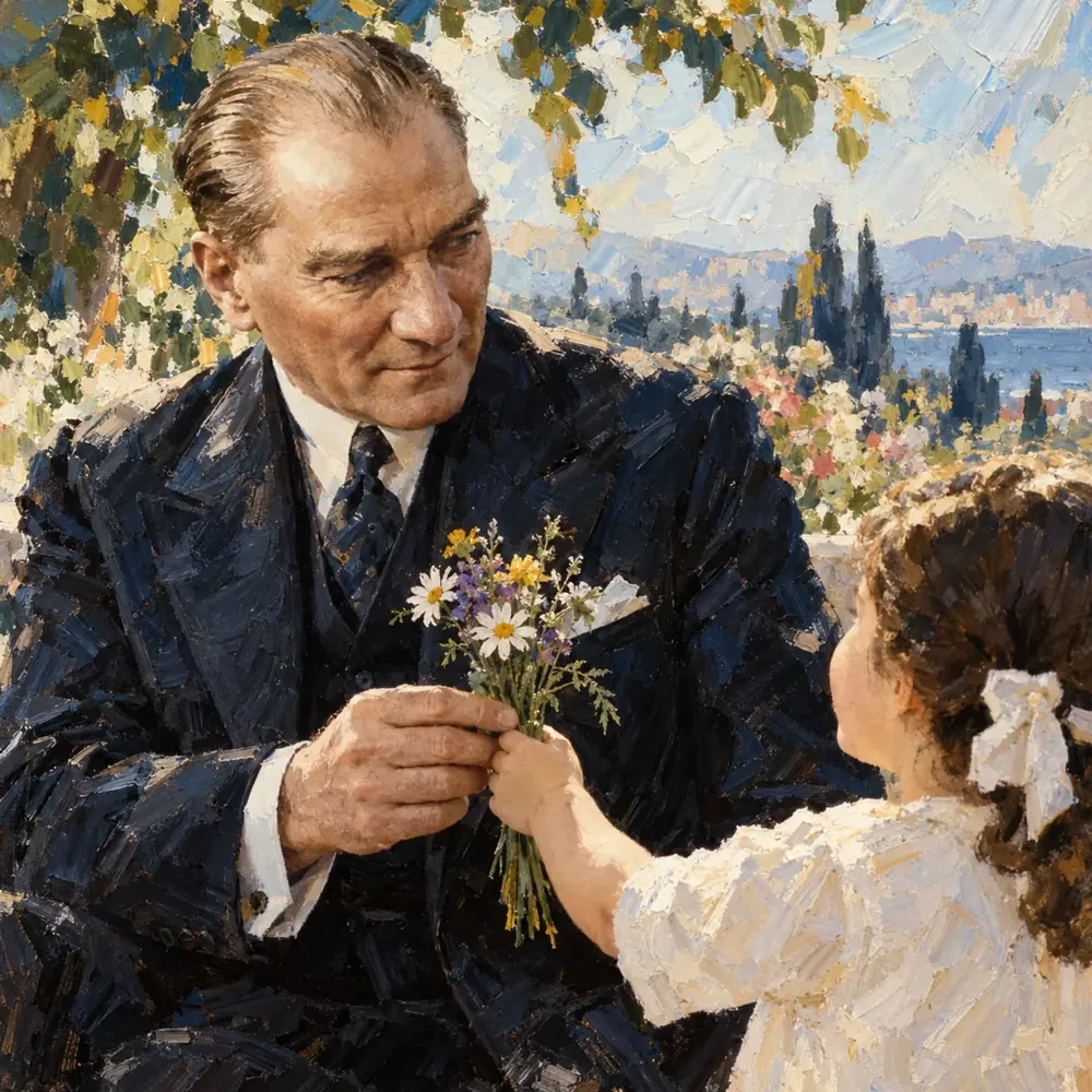 Atatürk Kız Çocuğundan Çiçek Alırken Portre Kanvas Tablo