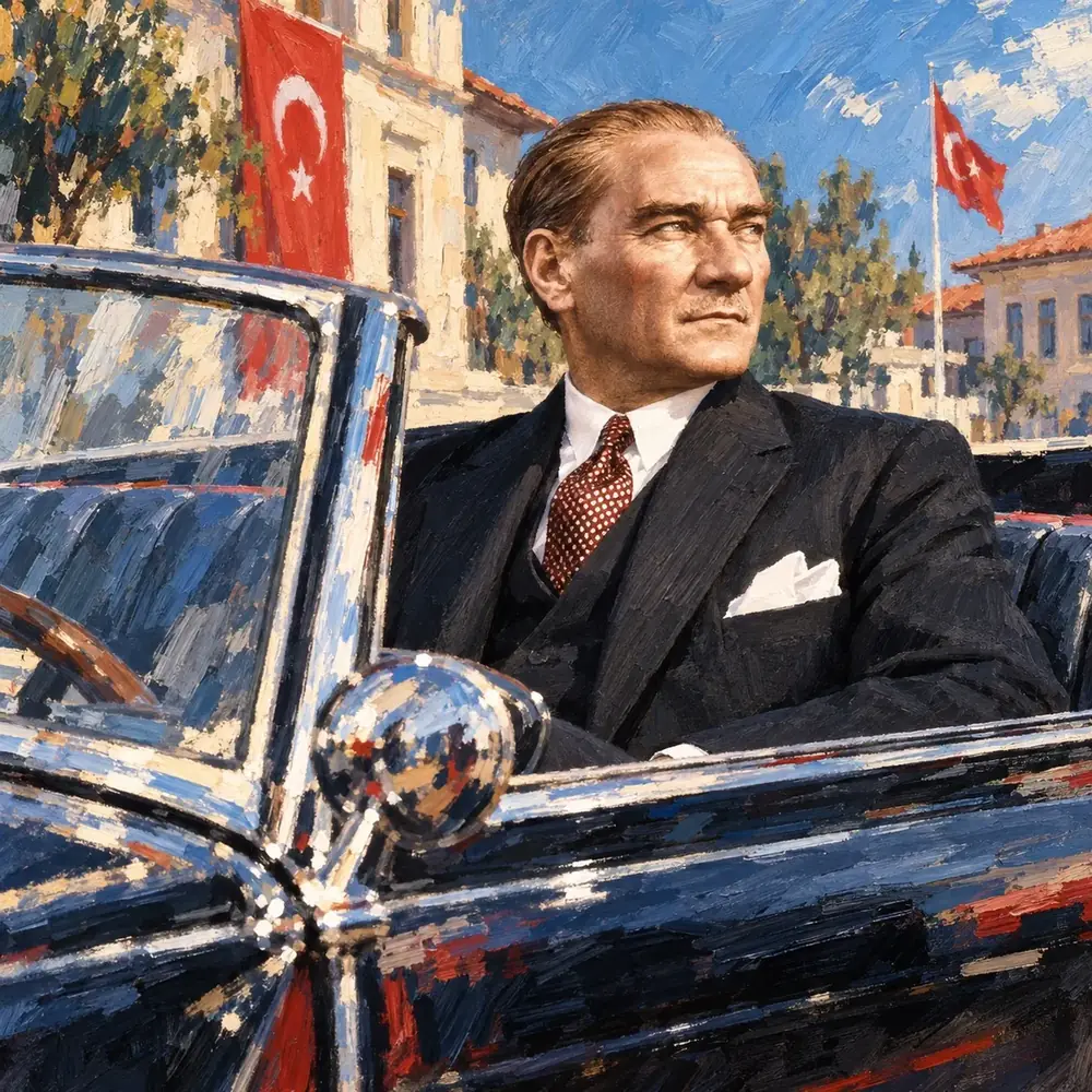 Atatürk Klasik Otomobilde Bayraklı Kanvas Tablo