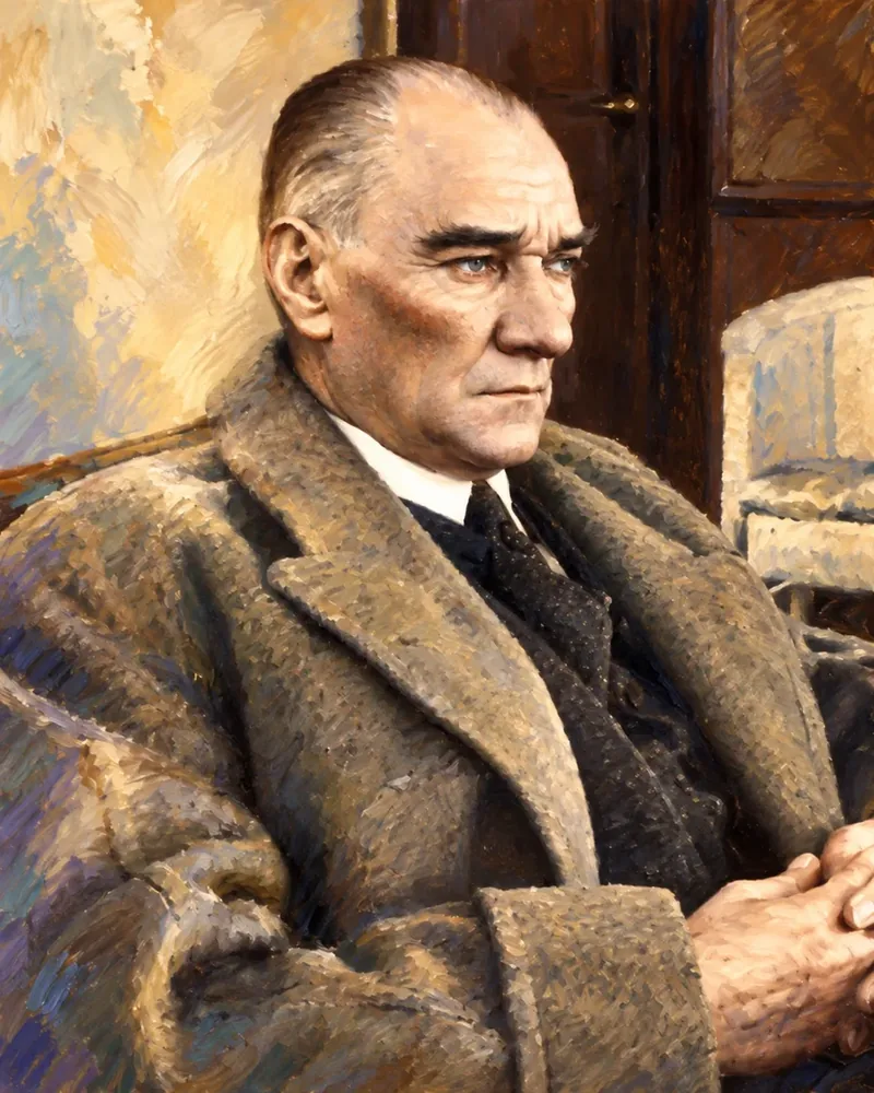 Atatürk Koltukta Düşünceli Yağlı Boya Portre Kanvas Tablo