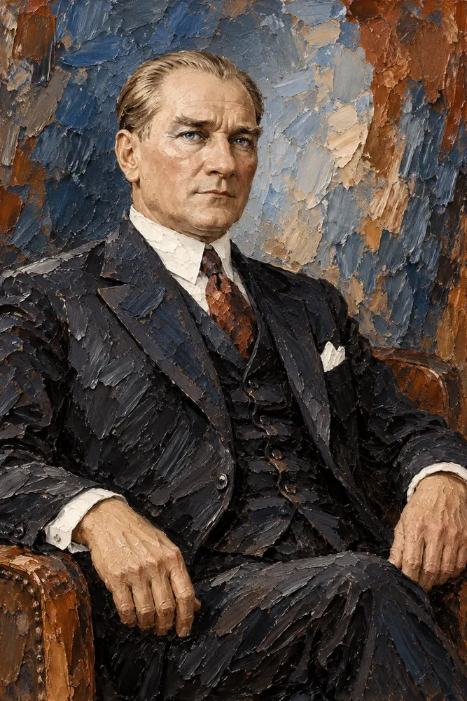 Atatürk Koltukta Otururken Kalın Fırça Kanvas Tablo